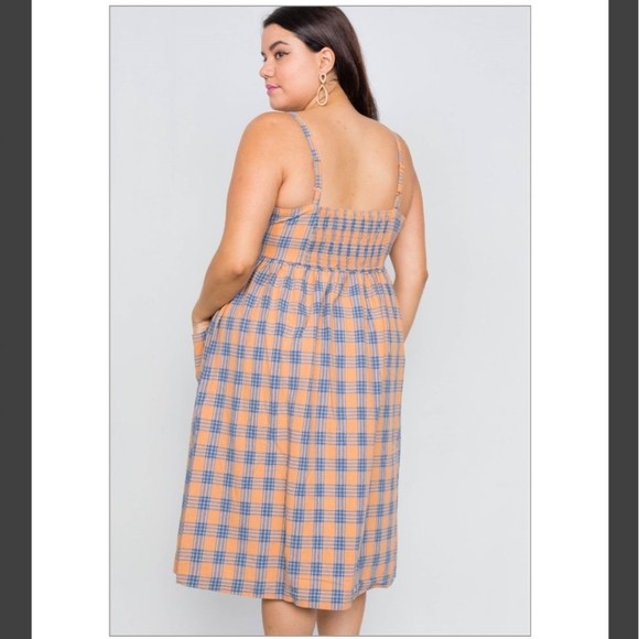 Gilli Orange & Blue Plaid Sleeveless V-neck Midi Dress w/Pockets NEW - Picture 3 of 8
